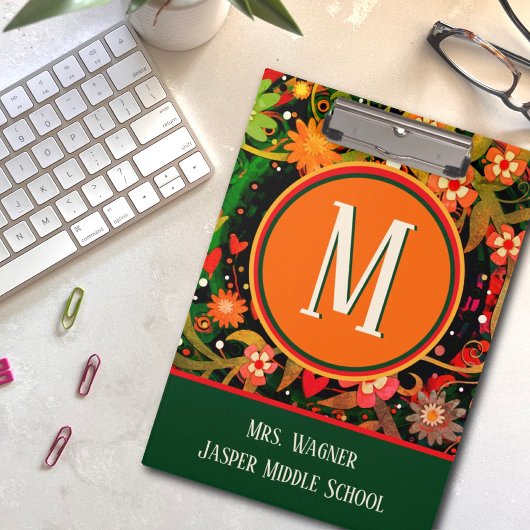 Leraar Monogram Naam Bloemenschool Info Klembord