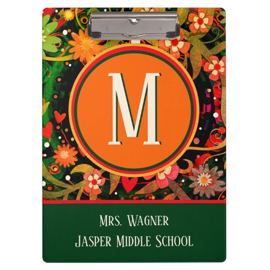 Leraar Monogram Naam Bloemenschool Info Klembord (Voorkant)