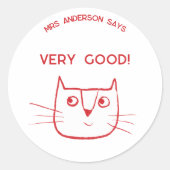 Leraar Naam Aanmoediging Fun Cartoon Cat Ronde Sticker (Voorkant)