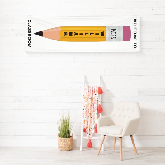 Leraar Naam Potlood Classroom Welkomstbanner Spandoek (Insitu)