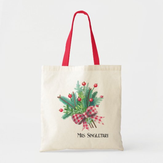Leraar Naam, voor Branches Red Berries Gingham Bow Tote Bag (Voorkant)