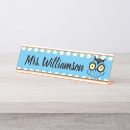 Leraar Onderwijs Librarian Professional Owl Blue Bureau Naambordje