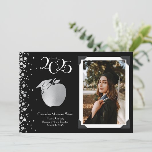 Leraar Onderwijs Silver Afstuderen Black Kaart (Staand voorkant)