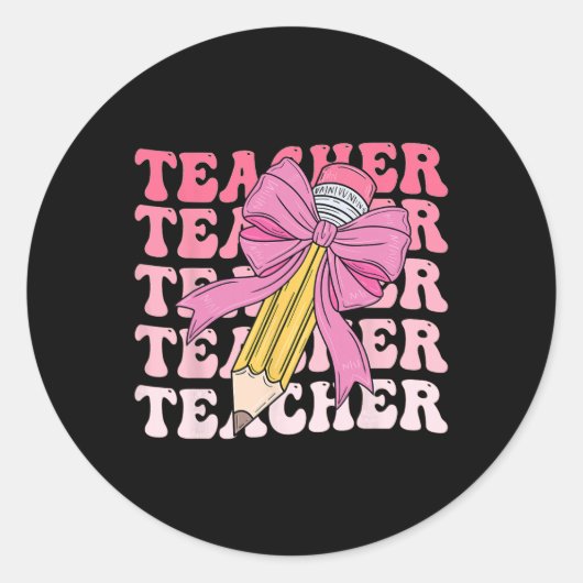 Leraar Potlood Ck Naar School Groovy Roze Leraar F Ronde Sticker (Voorkant)