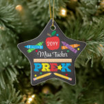 Leraar Pre-K Preschool Crayons Chalkboard Star Keramisch Ornament<br><div class="desc">Pre-K leraar ornament ontwerp beschikt over een appel, een liniaal, kleurpotloden, potloden en gedurfde, kleurrijke leuke typografie! Klik op de knop Aanpassen voor meer opties voor het wijzigen van de tekst! Variaties van dit ontwerp, extra kleuren en coördinerende producten zijn beschikbaar in onze winkel, zazzle.com/store/doodlelulu. Neem contact met ons op...</div>