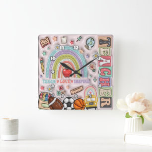 Leraar: Regenboog, Liefde, Inspireer, Leer Vierkante Klok