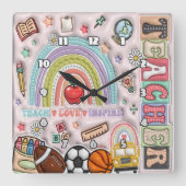 Leraar: Regenboog, Liefde, Inspireer, Leer Vierkante Klok (Voorkant)