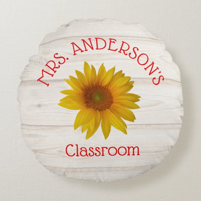 Leraar Rustieke Daisies Classroom Rond Kussen (Voorkant)
