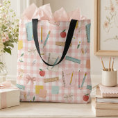 Leraar Terug naar School Waterverf Roze Gingham Tote Bag