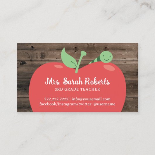 Leraar Tutor Leuke Apple & Worm Schuur Hout Visitekaartje (Voorkant)