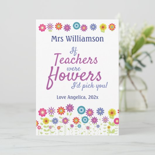 Leraar waardering als leraren bloemen waren bedankkaart (Staand voorkant)