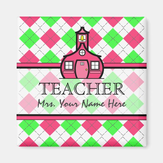 Leraarsmagneet - Hot Pink & Lime Green Argyle Magneet (Voorkant)