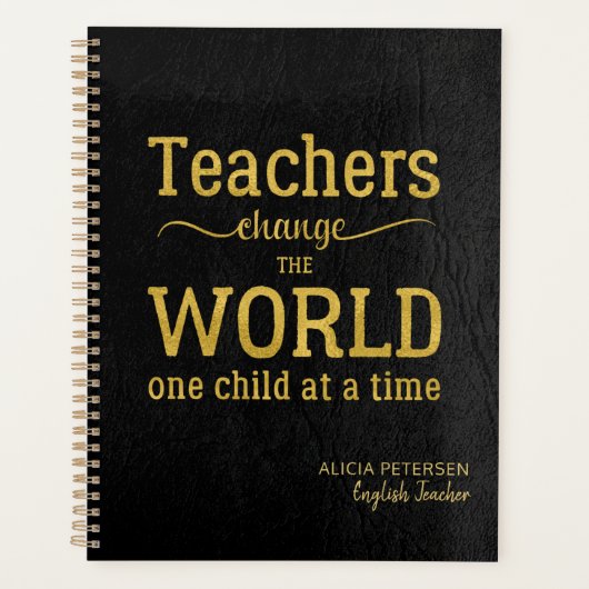 Leraarsnaam Gouden Quote Zwart Leer Elegant Planner (Voorkant)