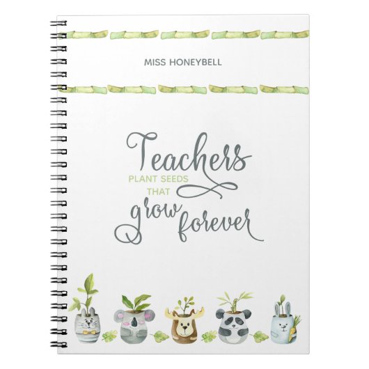 Leraren Citeren Pot met Cute Dier Plant Notitieboek (Voorkant)