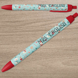 Leraren Naam Kerststolpen en Snoep Patroon Blauwe Inkt Pen