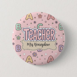 Lerares met roze letters Schoolpatroon Ronde Button 5,7 Cm