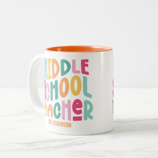 Lerares Middelbare School | Kleurrijk Retro Tweekleurige Koffiemok (Voorkant links)