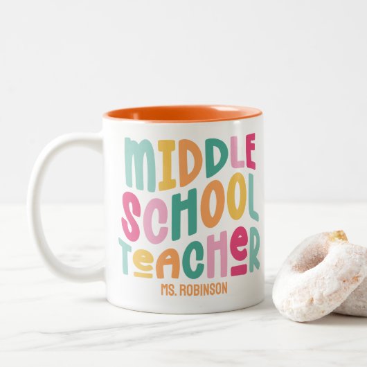 Lerares Middelbare School | Kleurrijk Retro  Tweekleurige Koffiemok (Met donut)