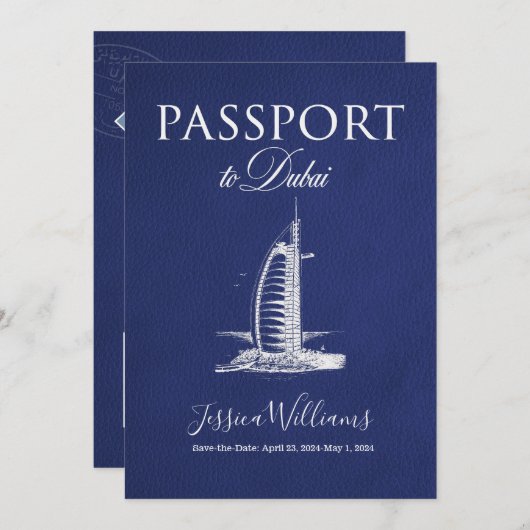 Leren Dubai Paspoort Save the Date Kaart (Voorkant / Achterkant)