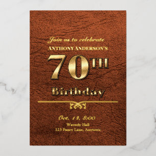 Leren en Gouden 70e Verjaardagsfeest Folie Uitnodiging
