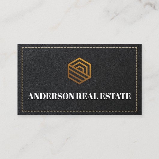Leren gestikt | Goud Vastgoed Logo Visitekaartje (Voorkant)