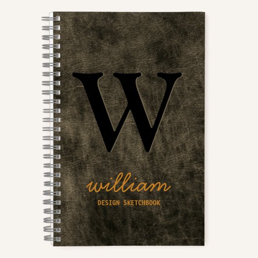 Leren Monogram zwart goud script naam Notitieboek (Voorkant)