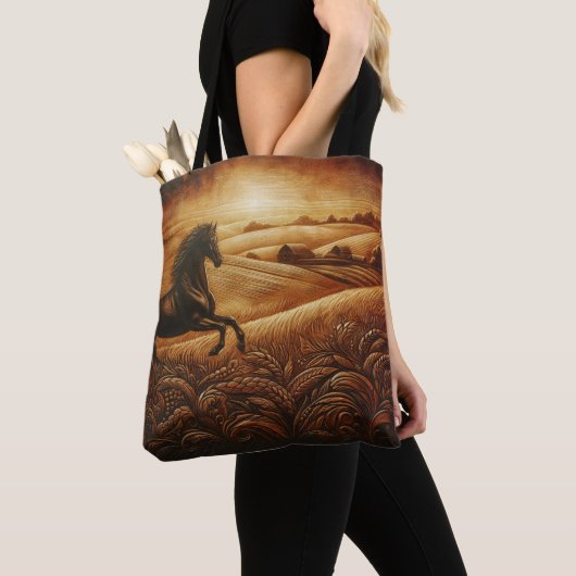 Leren Paardenranch Zonsondergang Tote Bag (Dichtbij)