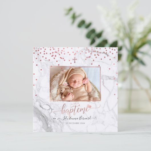 Les confettis d'or roos Faire-part de Baptême Kaart (Staand voorkant)