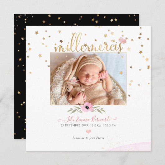 Les etoiles d'or Remerciement Naissance Fille Kaart (Voorkant / Achterkant)