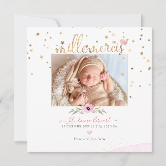 Les etoiles d'or Remerciement Naissance Fille Kaart (Voorkant)