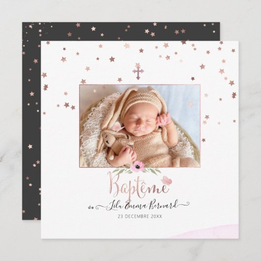 Les etoiles d'or roos Faire-part de Baptême Kaart (Voorkant / Achterkant)