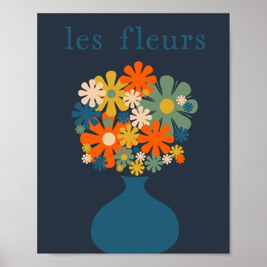 Les Fleurs Cheerful Retro Flowers in Vase Blue Poster (Voorkant)