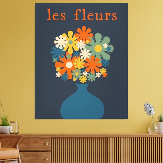 Les Fleurs Retro Flowers in Vase Blue Oranje Canvas Afdruk (Insitu (Woonkamer))