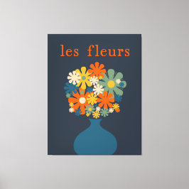 Les Fleurs Retro Flowers in Vase Blue Oranje Canvas Afdruk