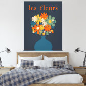 Les Fleurs Retro Flowers in Vase Blue Oranje Canvas Afdruk (Insitu (Slaapkamer))