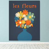 Les Fleurs Retro Flowers in Vase Blue Oranje Canvas Afdruk (Insitu (Houten vloer))