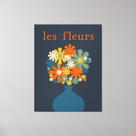 Les Fleurs Retro Flowers in Vase Blue Oranje Canvas Afdruk