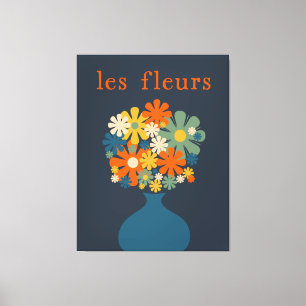 Les Fleurs Retro Flowers in Vase Blue Oranje Canvas Afdruk