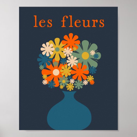 Les Fleurs Retro Flowers in Vase Blue Oranje Poster (Voorkant)