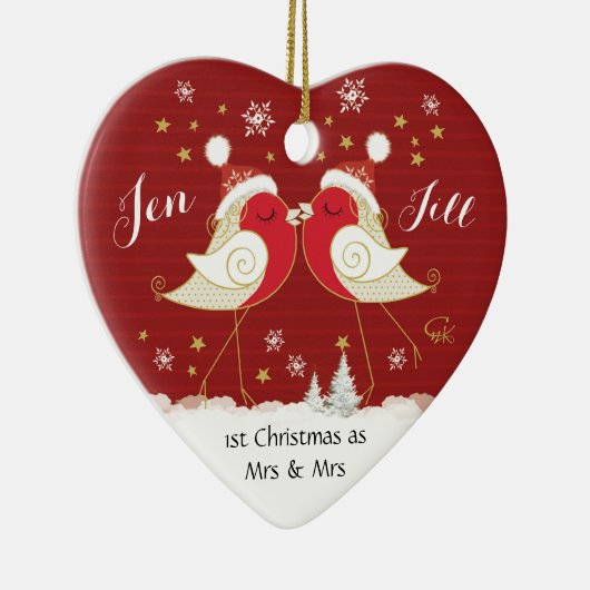 Lesbian, 1e Kerstmis als Mrs. & Mrs., Robins Heart Keramisch Ornament (Rechts)