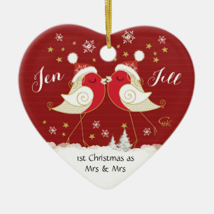 Lesbian, 1e Kerstmis als Mrs. & Mrs., Robins Heart Keramisch Ornament