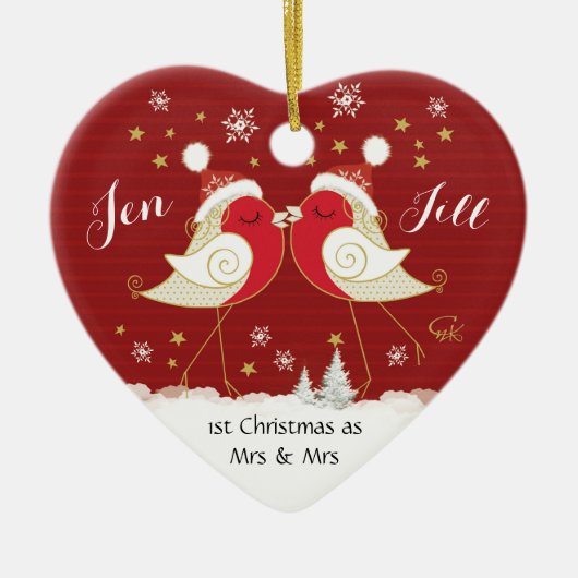 Lesbian, 1e Kerstmis als Mrs. & Mrs., Robins Heart Keramisch Ornament (Voorkant)
