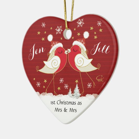 Lesbian, 1e Kerstmis als Mrs. & Mrs., Robins Heart Keramisch Ornament (Links)
