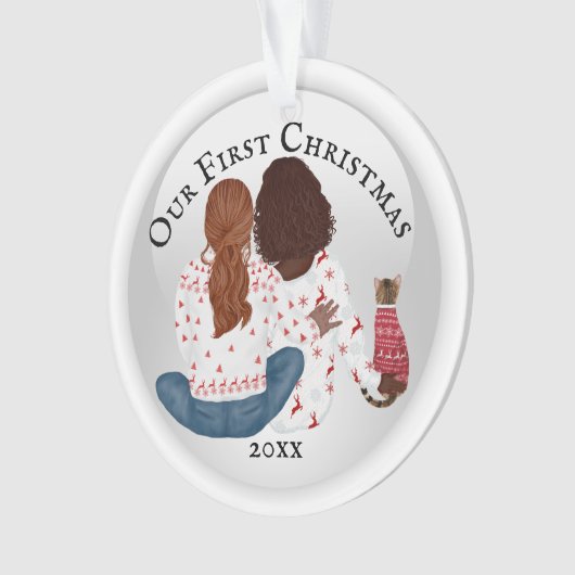 Lesbian African American & cat first Kerstmis Ornament (voorkant)