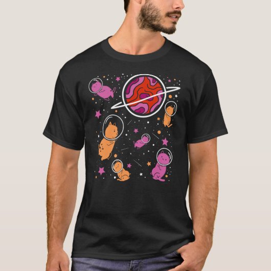 Lesbian Cat in Space Orange Pink Lesbian Pride T-shirt (Voorkant)