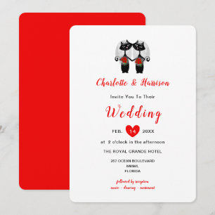 Lesbian Cute Whimsy Black Cats Wedding Invitation Kaart