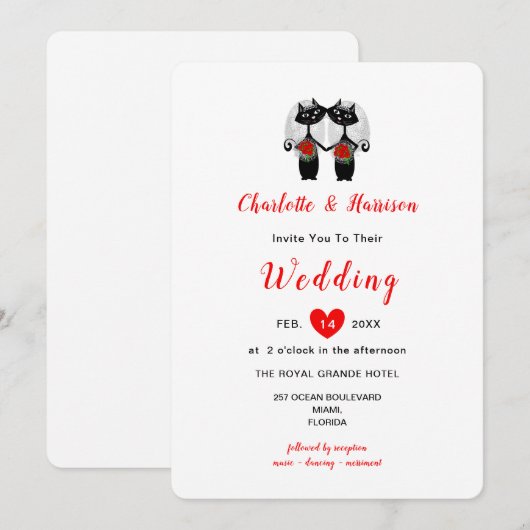 Lesbian Cute Whimsy Black Cats Wedding Invitation Kaart (Voorkant / Achterkant)