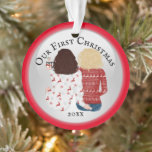 Lesbian koppel first Christmas PHOTO romantic red Ornament<br><div class="desc">Celebrate your first Christmas together with this adorable illustration of a caucasian blonde and brunette koppel with shoulder length wavy hair sitting with their backs to you wearing ugly Xmas sweaters and drinking hot chocolate. The words, our first Christmas followed by the year, appear on the front and the back...</div>