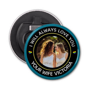 Lesbian LGBTQ Foto Weddenschap Couple Rainbow Cust Button Flesopener
