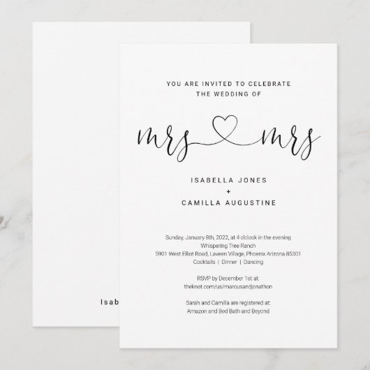 Lesbian Mrs & Mrs All in One Wedding Invitation Kaart (Voorkant / Achterkant)